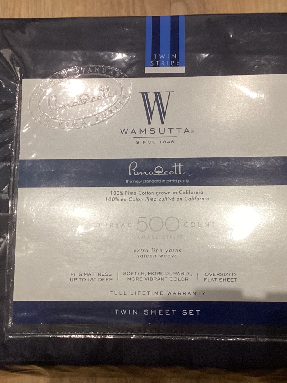Wamsutta Pima Cotton 500 Thread Navy Blue Striped Twin Sheet Set